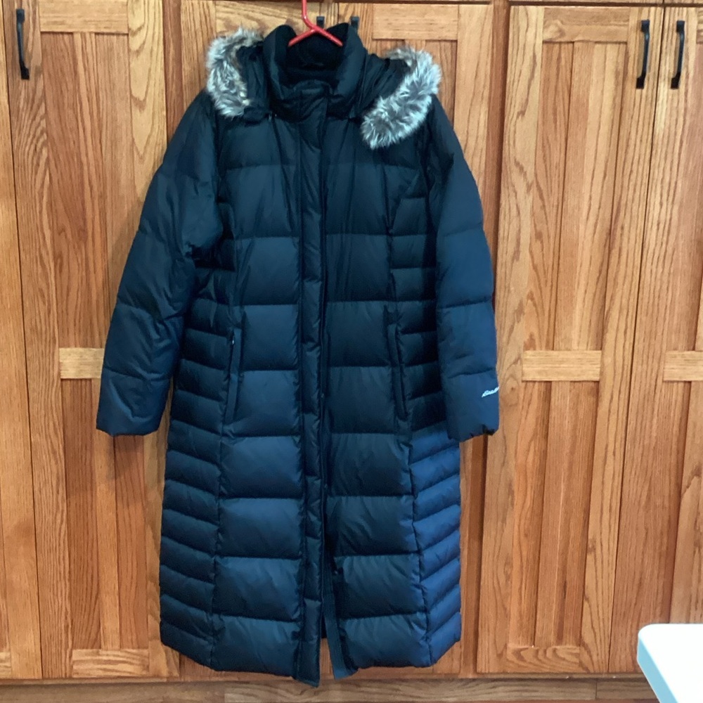 Eddie Bauer Black Puffer Coat with Faux Fur Hood